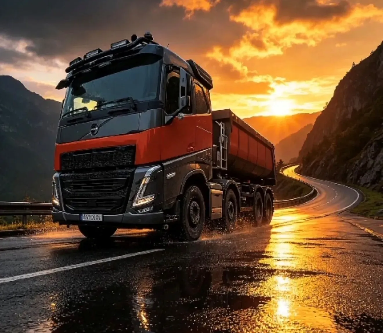 Volvo FH500 Sattelzug mit Kipper-Auflieger von Bublat Mann Transporte bei Sonnenuntergang auf einer kurvigen Bergstraße